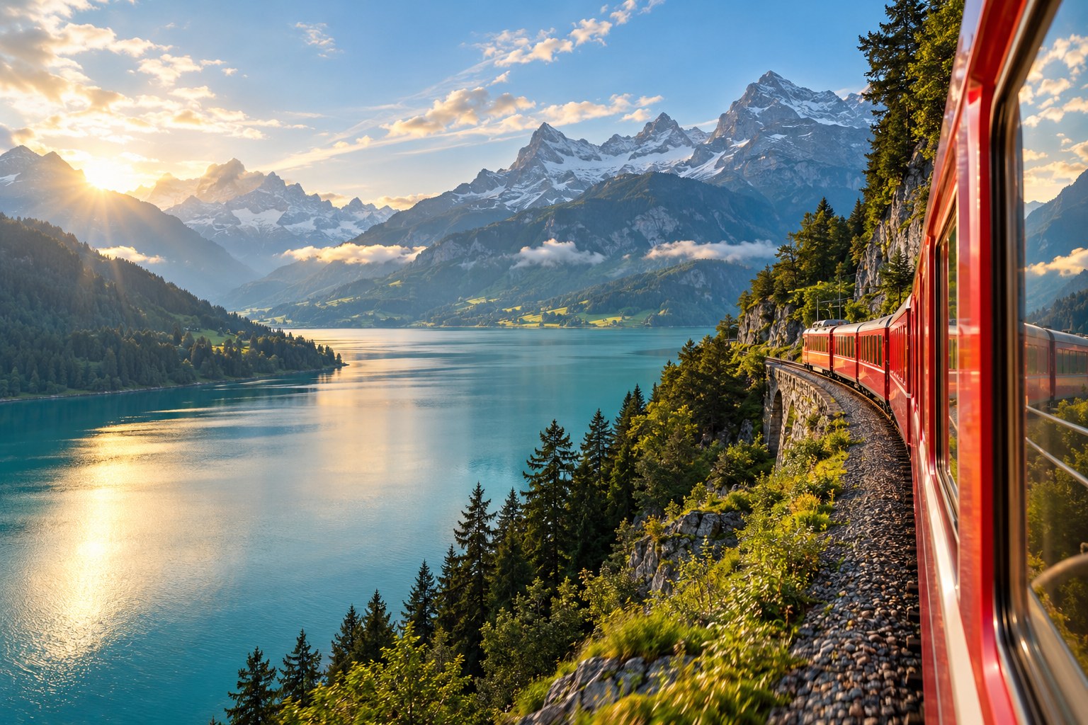 Illustrative passenger train beside an Alpine lake